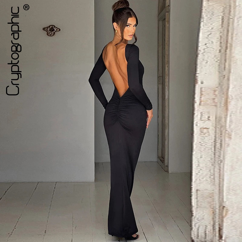 Cryptographic Elegant Open Back Ruched Sexy Bodycon Maxi Dress Birthday Outfits for Women Long Sleeve Dresses Gown Club Party 250108