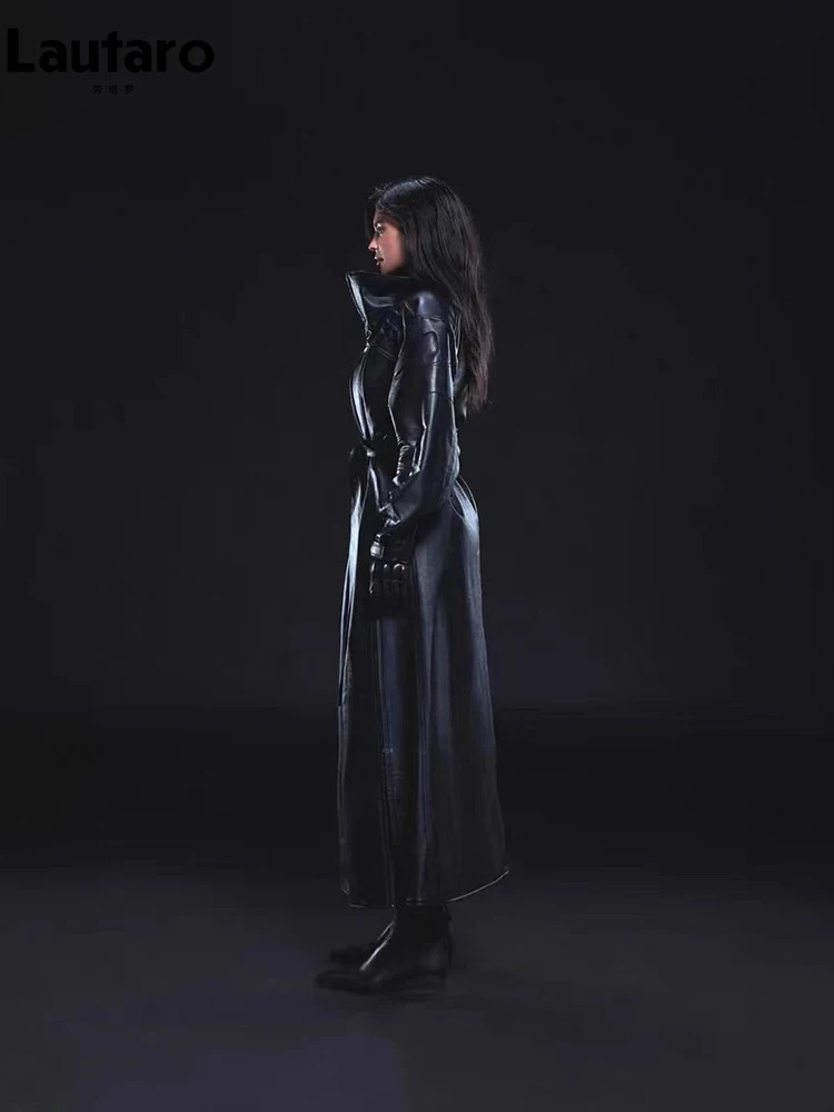Lautaro Autumn Long Oversized Pu Leather Trench Coat for Women with Double Side High Slit Runway Fashion 250103