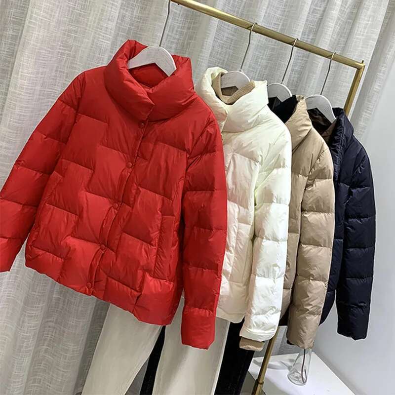 Schinteon Women Light Down Jacket Simple Casual Solid Color Stand Collar Short Outwear Autumn Coat Female New 2023 Fashion