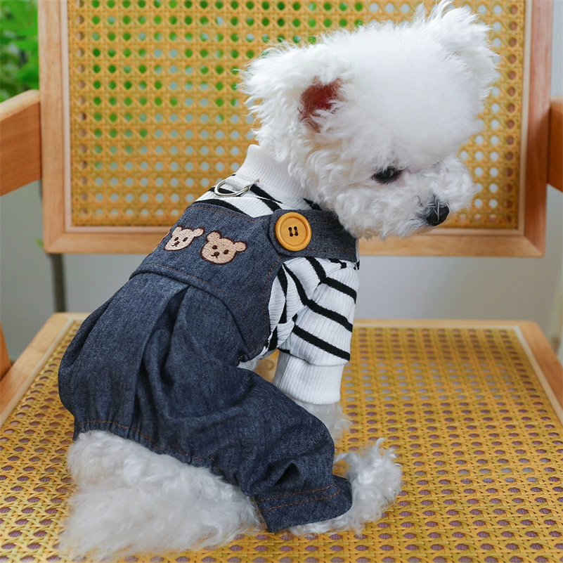 Dog Jumpsuit Pet Overall Round Neck Dog Denim Jumpsuit Adorable With Traction Ring Cartoon