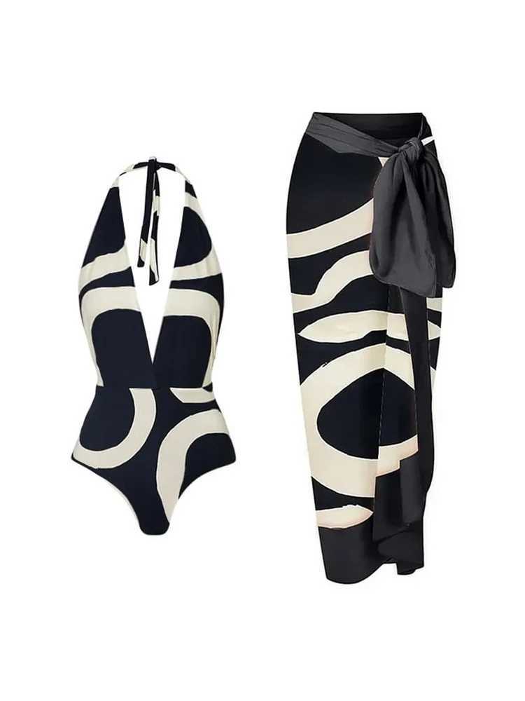 2024 New opard Print Bikini Swimsuit Woman 2023 Sexy Deep V-neck Hanging Neck Bathing Suit ss Beach Outfit with Cover UpXJ240108