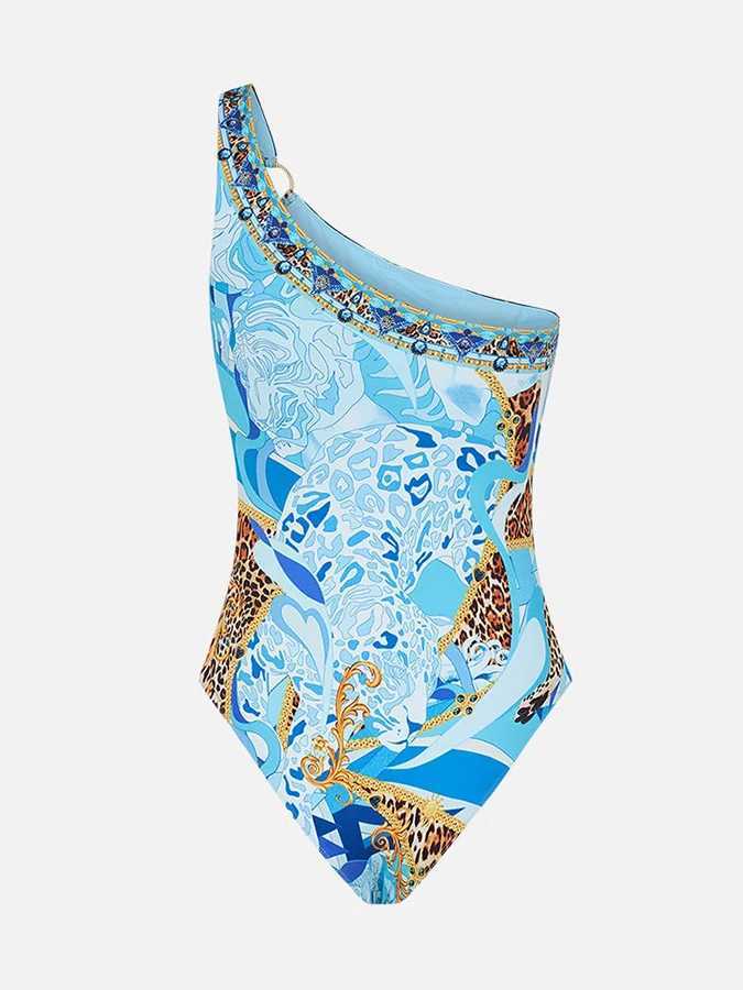Womens Seaside Wave Blue opard Print One Piece Bikini Slim Fit Swimsuit with Trunks Fashion Design Fresh Design 2025XJ240108