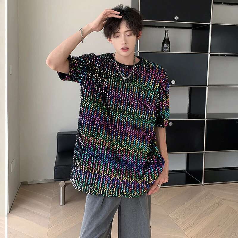 Colorful Sequin Design Personality Trendy Short Sleeved T-Shirts Summer New Original Fashion High Street Men Tops