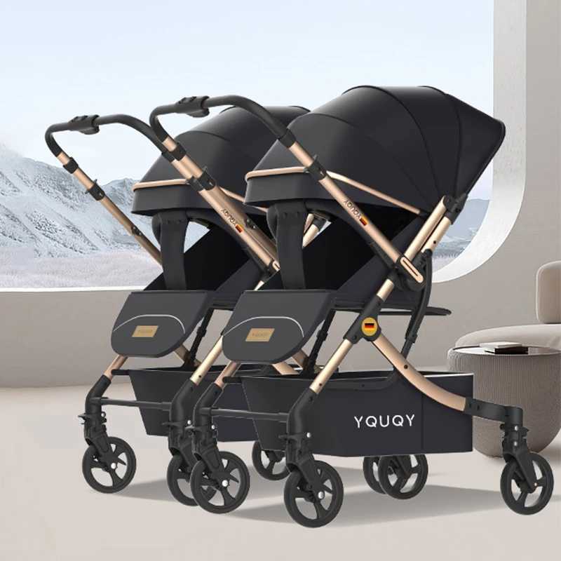 Double baby strollers can be used to sit down and lie down with a detachable combination of high landscape and lightweight one click folding two-way s