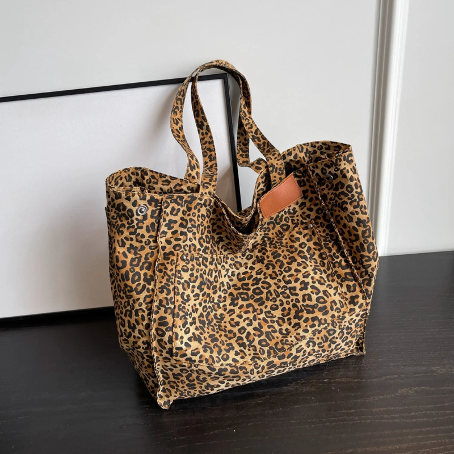 Fashion Large Capacity Handbag Leopard Pattern Tote School Work Shopping Bag Retro Canvas Shoulder Bag 250106