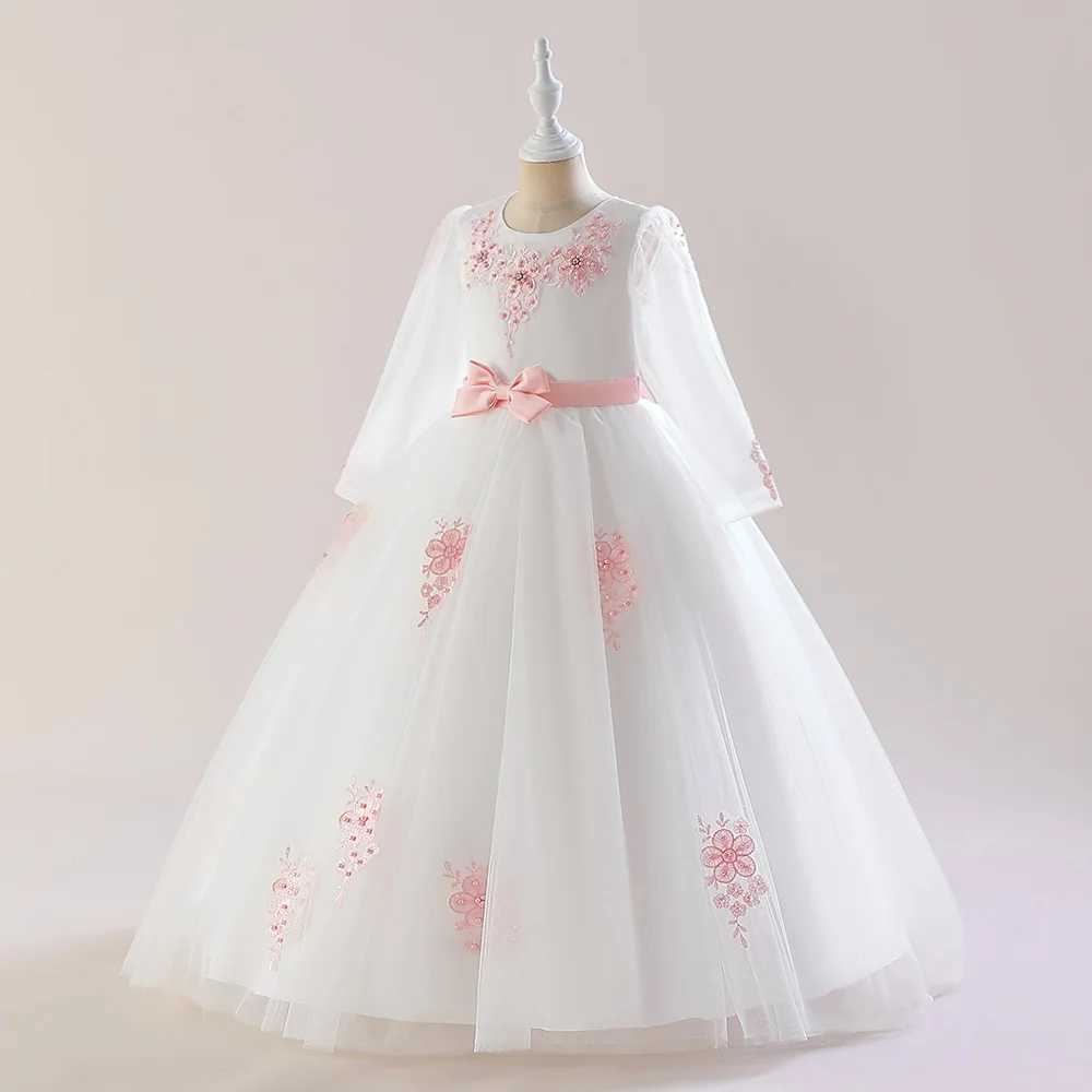 Fashion Beading Girls Par Dresses Elegant Flower White Bridemaid Wedding Birthday Par Dress for Kid Long Sleeve Banquet GownXJ250108