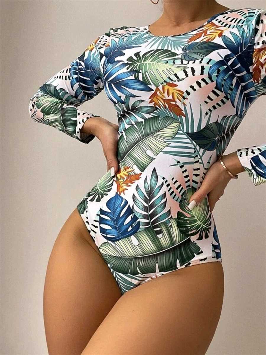 Long Seve Surf Swimsuit aves Printed Swimwear Women Crisscross One Piece Rash Guard Diving Clothes Bathing Suit SummerXJ240108
