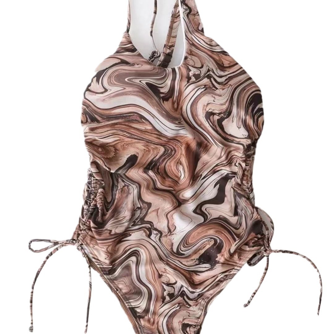 2025 women's spiral printed one-piece swimsuit paired with sexy drawstring bikini designer trendy beach swimsuit