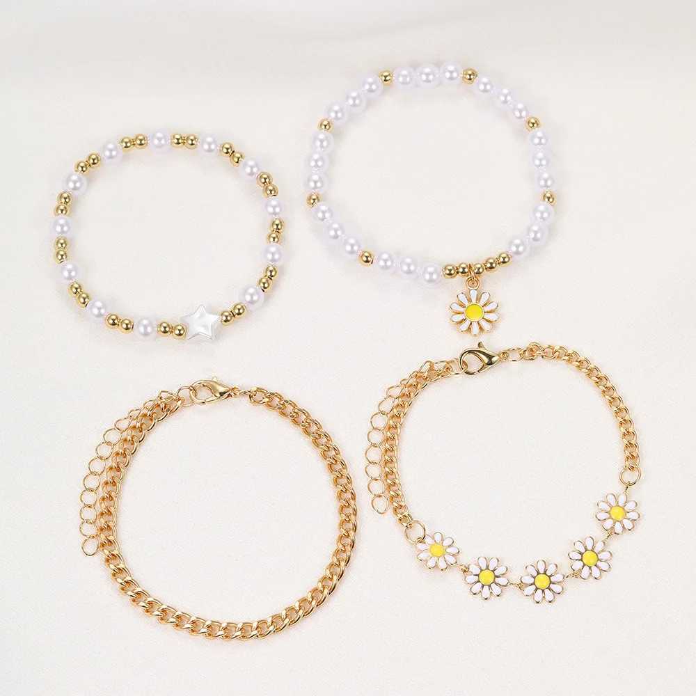 Elegant 4pc Daisy Imitation Pearl Bracelet Set - Cute Zinc Alloy Jewelry for Stylish Girls Ideal GiftXJ250109