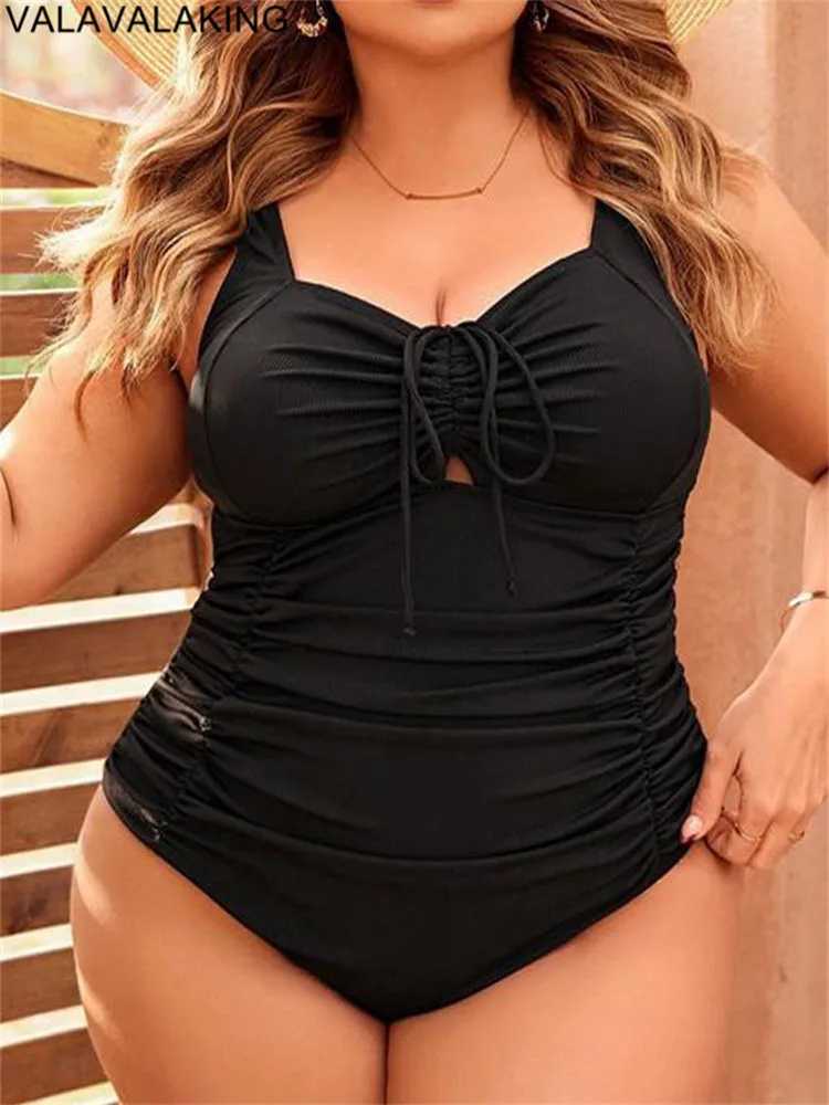 2025 Solid Sreapped Plus Size Swimwear Sexy Women Push Up Hollow Large One Piece Swimsuit Beach Lady Chubby Curvy Bathing SuitXJ240108
