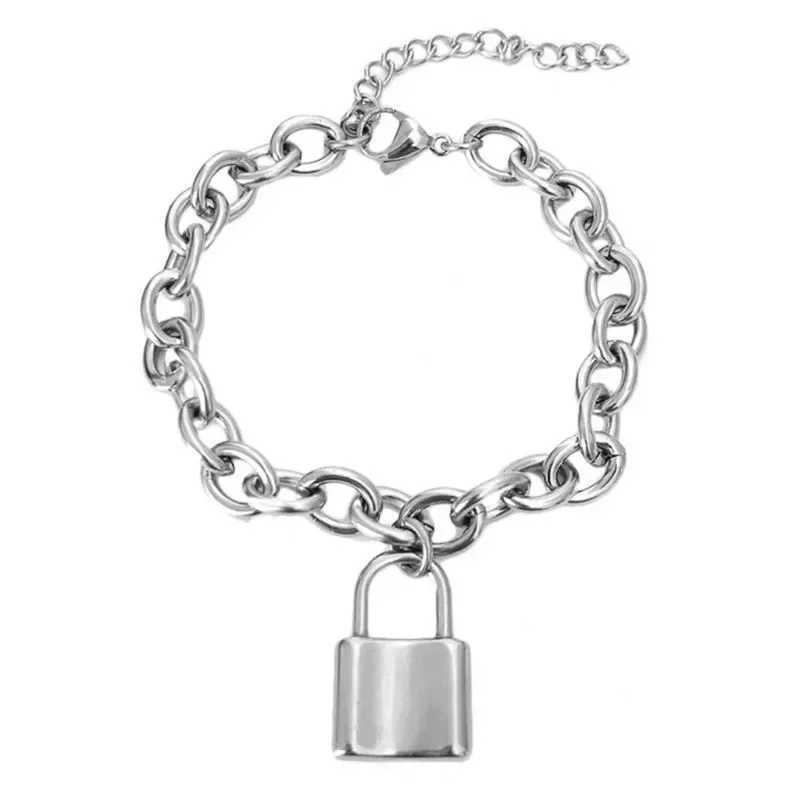 Punk Stainelss Steel Lock Pendant Bracelet Wristband Chunky Link Chain Gothic Lock Bangles for Women Men Fashion Jewelry S485XJ250109
