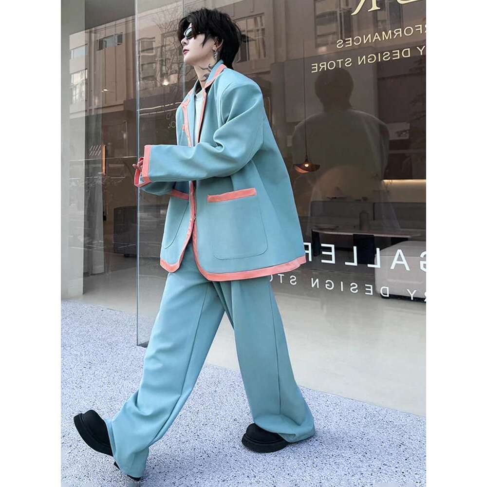 Patchwork Color Contrast Design Korean Suit Jackets Two-Piece Sets Elegant Trendy Handsome Straight Pants