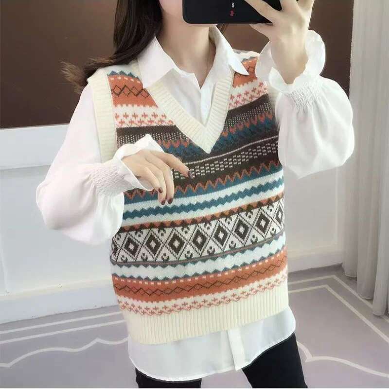 Autumn Winter V-Neck Sleeveless Fair Isle Retro Elegant Knitted Vest New Women's Sweater Slim Tank Top Pullover Blouse