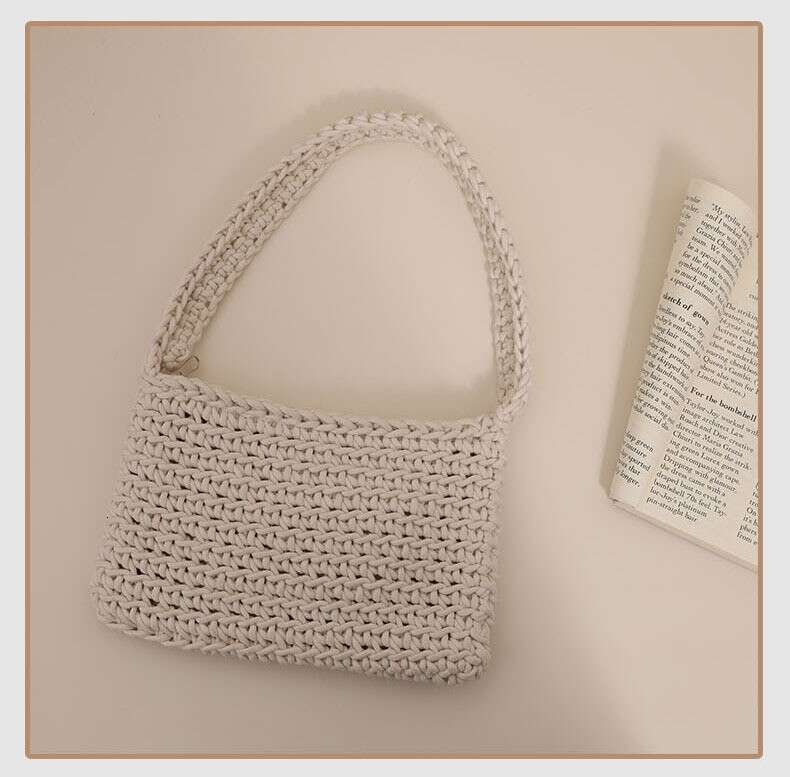 Versatile One Shoulder Cotton Thread New Small Fresh Square Underarm Grass Woven Bag Solid Color Commuter Handbag For Women