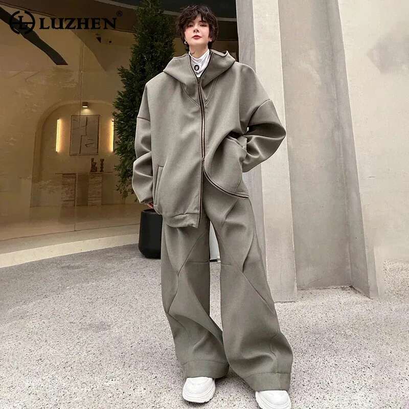 Stylish Men's Solid Color Original Design Loose Hooded Two-Piece Sets Trendy High Street Jacket Baggy Pants