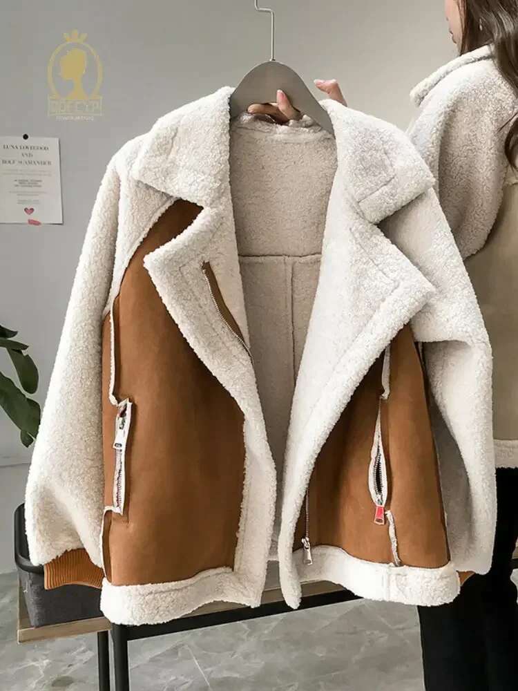 Autumn Winter Womens Coats New Fashion Casual Loose Patchwork Outerwear Harem Korean Vintage Crop Pockets Lambhair Jacket Women