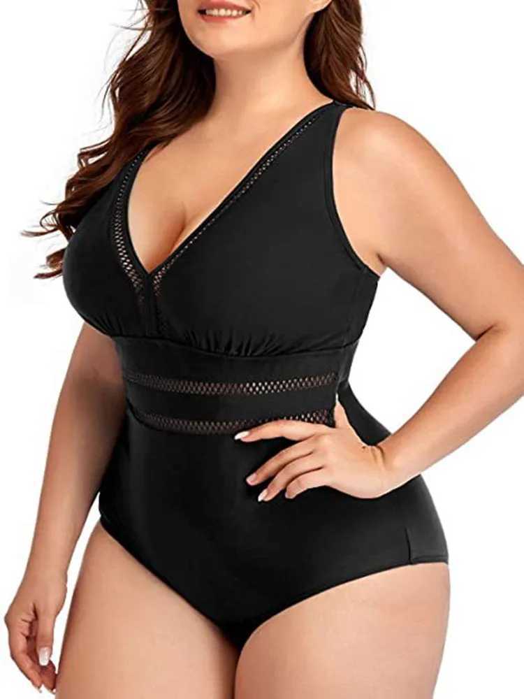Plus Size Swimsuit Women 2023 Swimwear One Piece Tankini Large Size Solid Color Swimming Sport Mesh Stitching Bikini BathingXJ240108