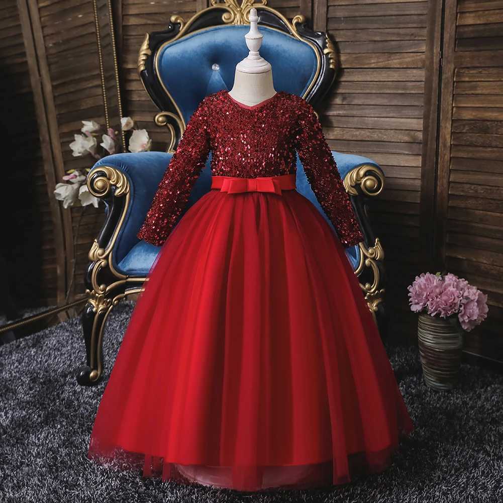 318 Girls Birthday Evening Dress Long Sleeve Sparkling Pong Skirt Flower Girl Wedding Dress Piano Performance DressXJ250108