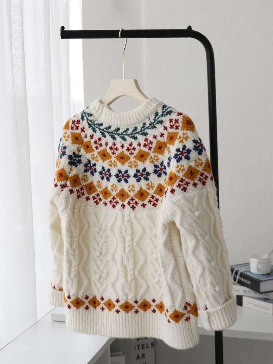 Crew Neck Fair Isle Sweater For Women Loose Vintage Jacquard Knitted Jumper Multi Color Geometric Outdoor Soft Pullovers