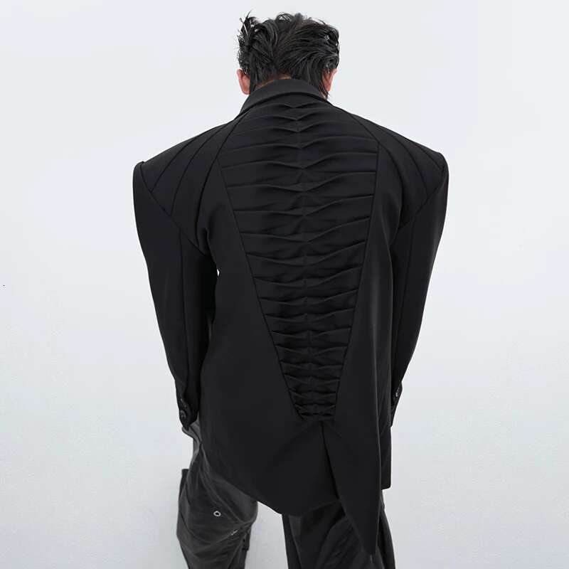 Fashion Pleated Design Solid Color Suit Jackets Original Elegant Trendy Korean Clothes Men's Blazers