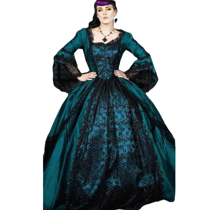 Black Lace Gothic Prom Dresses With Flare Long Sleeves Medieval Special Occasion Ball Gown Masquerade Dress For Women 2025 Vintage Vestido De Novia