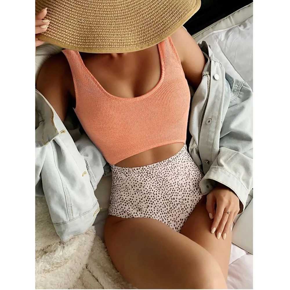 Sexy Ribbed One Piece Swimsuit Women Swimwear 2023 Dot Print Monokini Cut Out One-piece Swimming Suit for Women Bathing SuitXJ240108