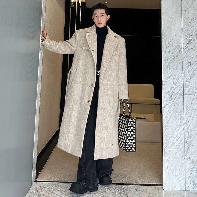 Autumn Winter Men's Woolen Long Trench Coat Thickened Fleece Elegant Street Male Stylish Belt Design Windbreaker