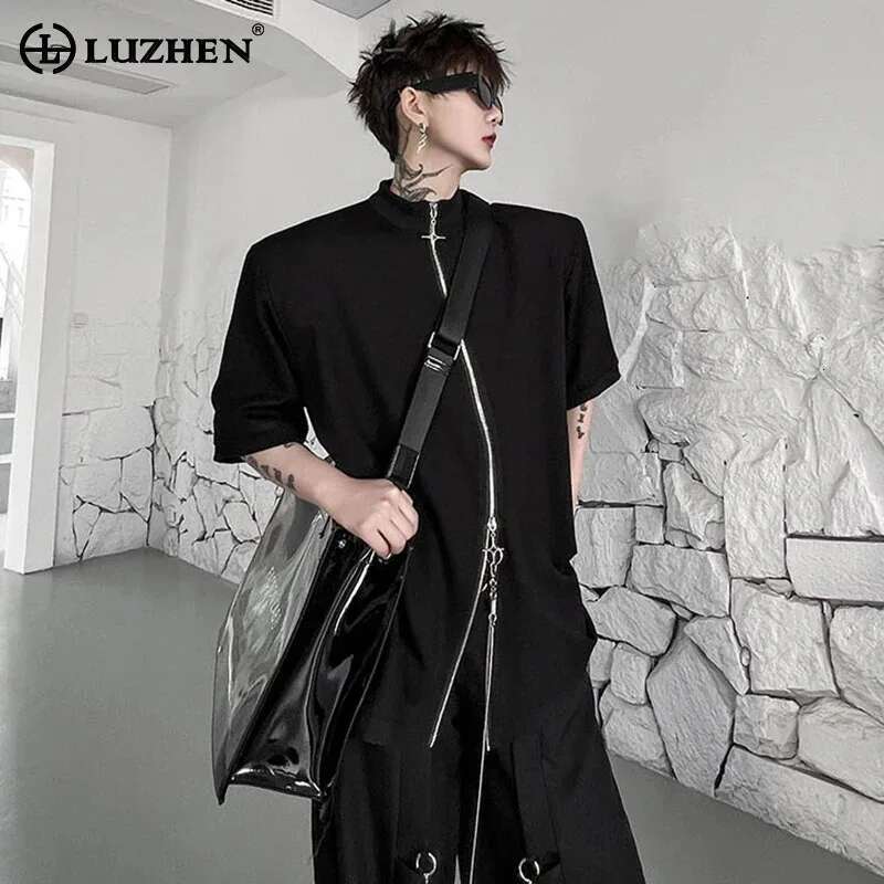 Fashion New Double Zipper Design Short Sleeve Tops Men's High Street Trendy Original Solid Color Male T-Shirt