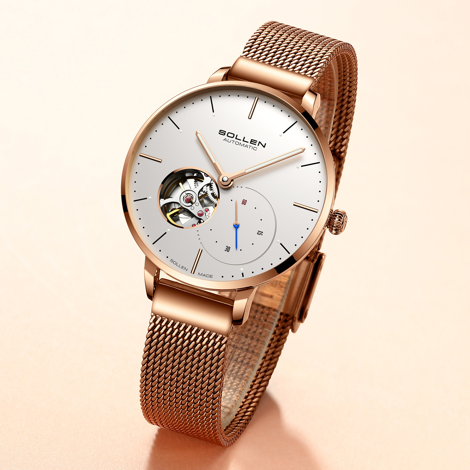 SOLLEN Ladies' Fashionable Skeleton Dial Automatic Mechanical Watch with Nylon Strap