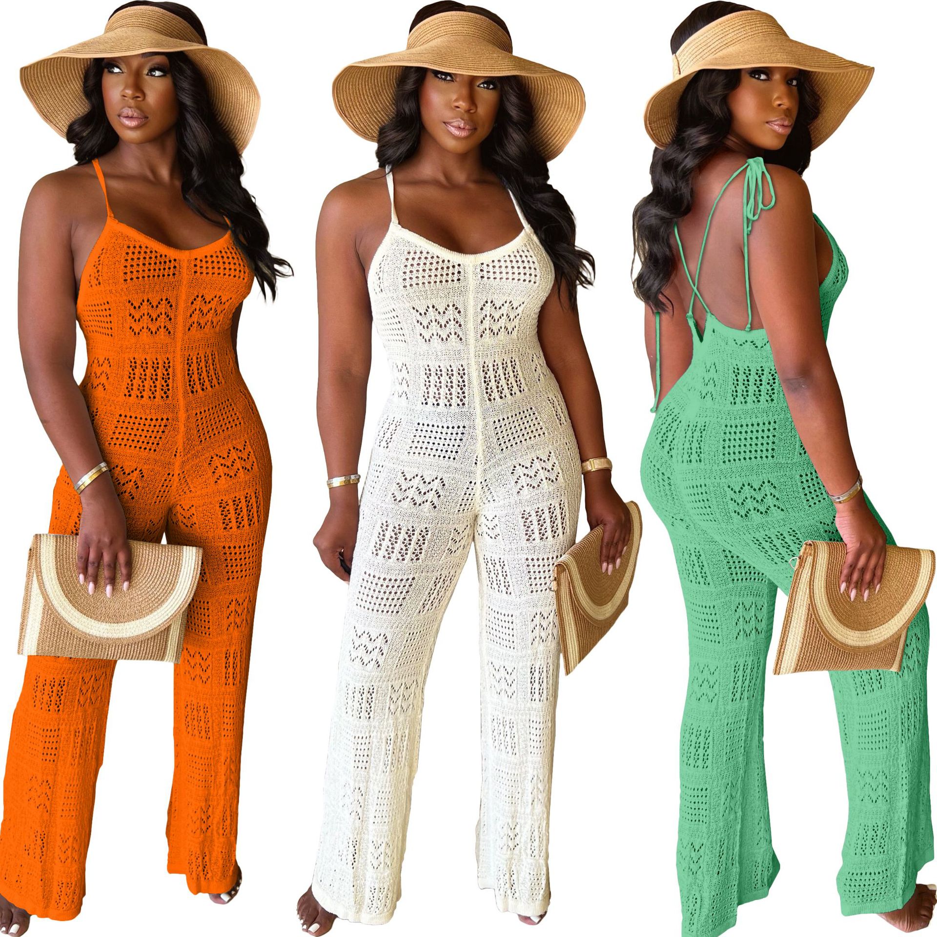 Women's solid color yarn knitted sexy suspender geometric hollow jumpsuit