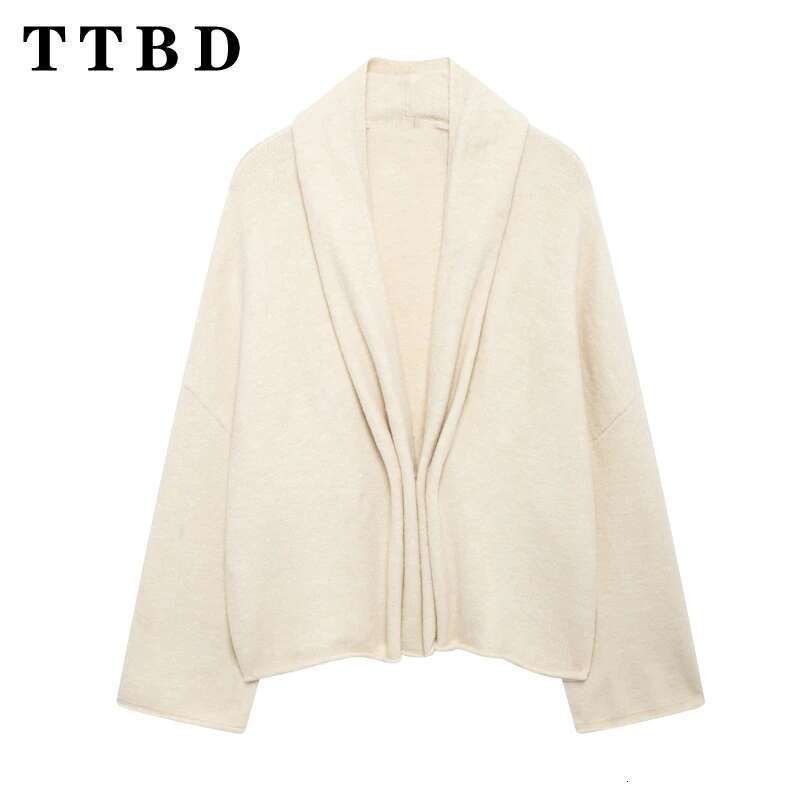 TTBD 2024 New Autumn Woman Casual Solid Color Knit Button Long Sleeve Cardigan Female Fashion Ruffles Turn-Down Collar Top Coat