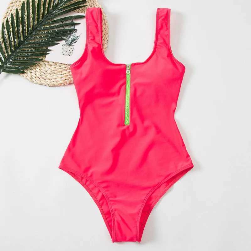 Sexy Bikini One Piece Swimsuits Women Zipper Swimwear Solid Padded Bra Bathing Suit Tropical Surfing Sport Bodysuit FaXJ240108