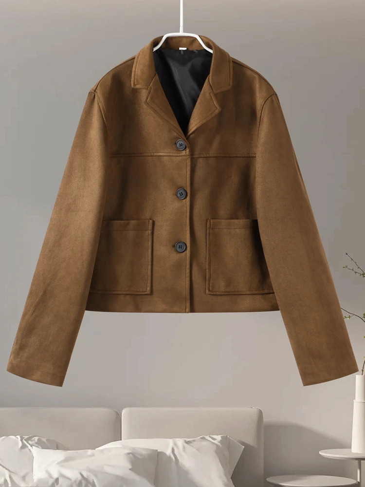 Brown Suede Short Women Jacket Casual Long Sleeve Single Button Turndown Collar Female Coat 2024 Autumn Retro Lady Streetwear 250103