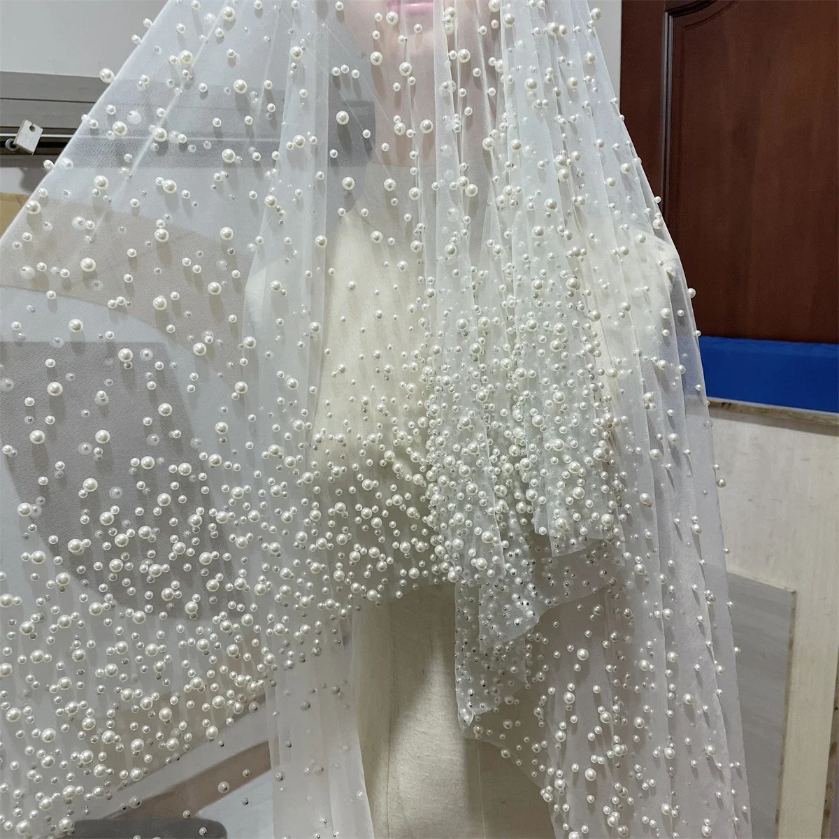 1Tier Wedding Veil With Pearls Long Bridal Veil Scattered Pearls Dense Pearls Mantilla Veil with Comb Cathedral Custom250108