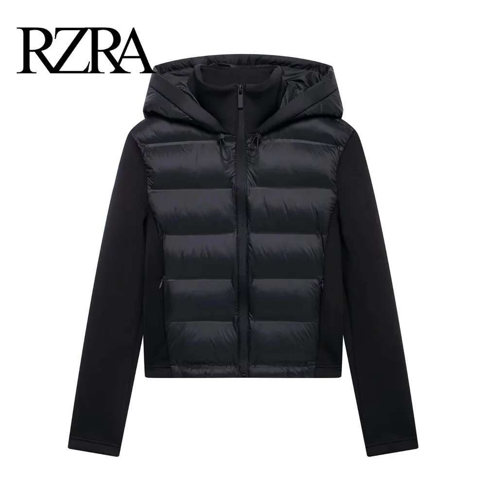 Rzra2024 New Winter Women's Black Commuter Versatile Stand-Up Collar Hooded Slim Cotton Jacket With Splicing Sleeves