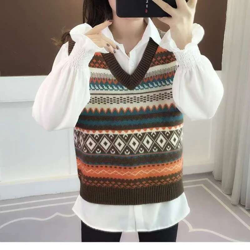 Autumn Winter V-Neck Sleeveless Fair Isle Retro Elegant Knitted Vest New Women's Sweater Slim Tank Top Pullover Blouse