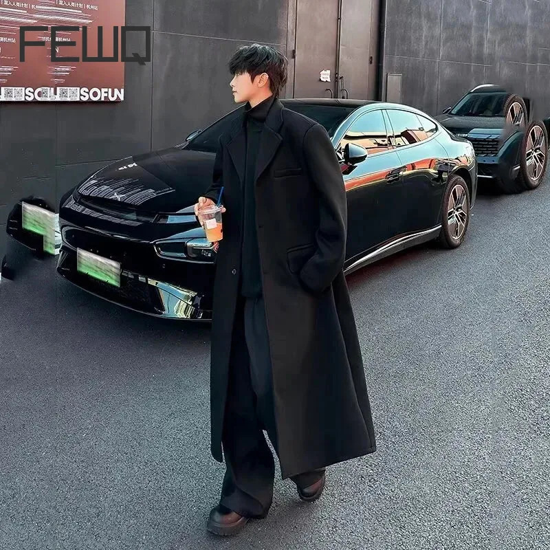 FEWQ Mid Long Woolen Coat Autumn Winter Mens Korean Fashion Loose Casual Versatile Over The Knee Male Trench 24E5306 250106