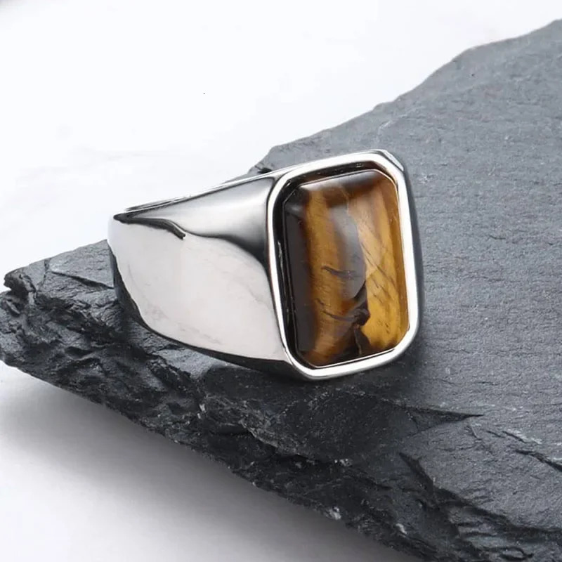 Natural Gemstone Tiger Eye Signet Ring Stainless Steel Waterproof Handmade Jewellery Rings for Men Women Father Boyfriend Gift 250106