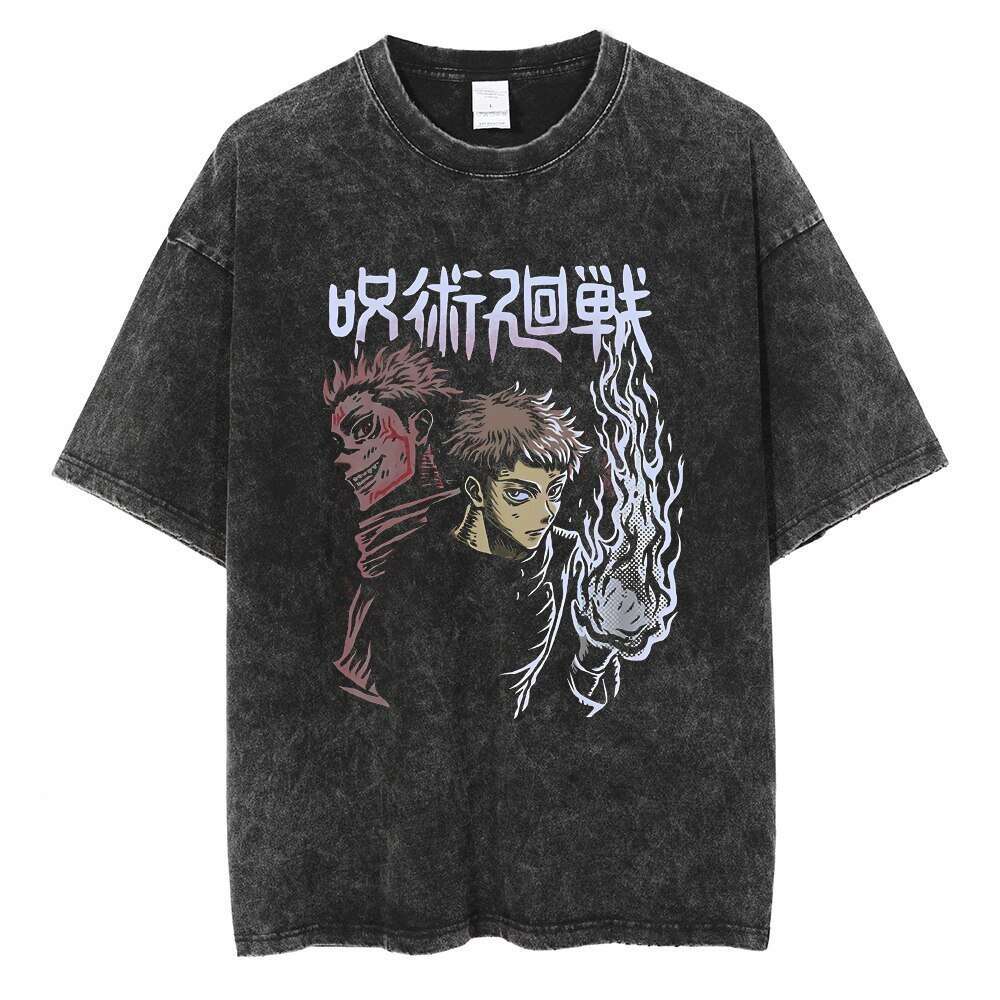 Washed t-shirt, street hip-hop anime, five mantras, battle back graphics, casual cotton, summer short sleeve