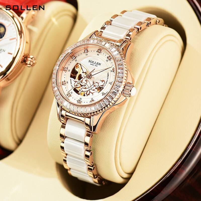 Trendy SOLLEN Women's Automatic Watch with Skeleton Dial and Ceramic Band
