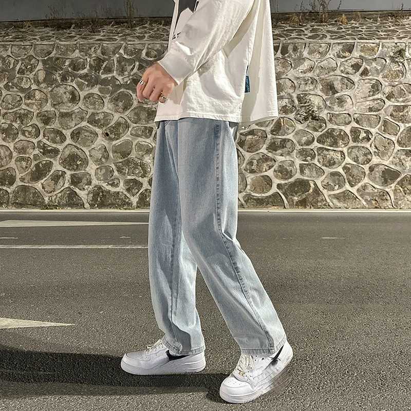 Solid jeans mens high waisted retro streetwear mens pants pockets wide leg jeans straight stretch jeans washed denim springs M250109