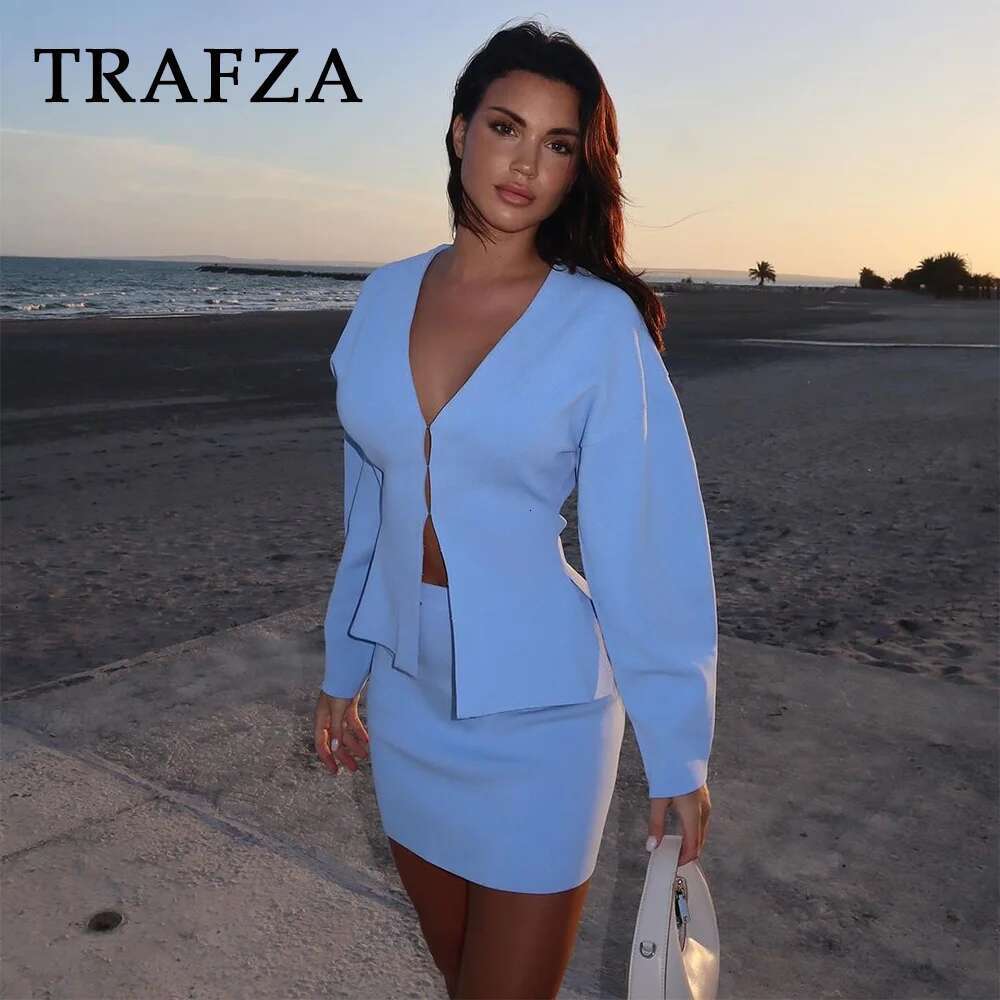 TRAFZA 2025 Spring Summer Sexy Solid Knitted Women Suits Fashion Nightclub V Neck Single Breasted Shirts+Chic Mini Pencil Skirts