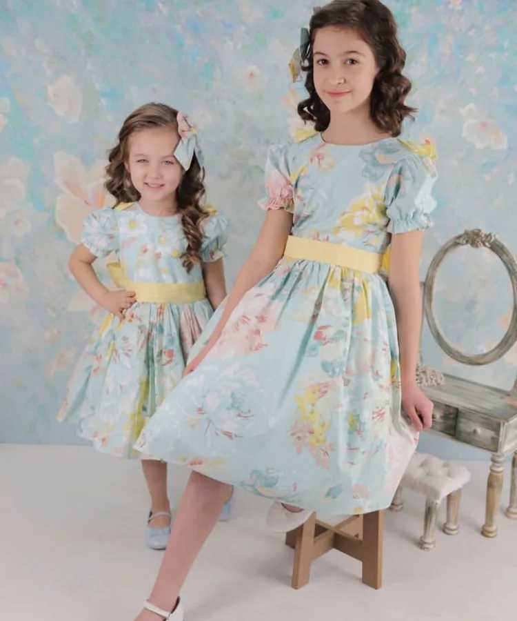 0-12Y Baby Girl Summer Rose Floral Blue Turkish Vintage Lolita Princess Ball Gown Dress for Birthday Holiday Casual EidXJ250108