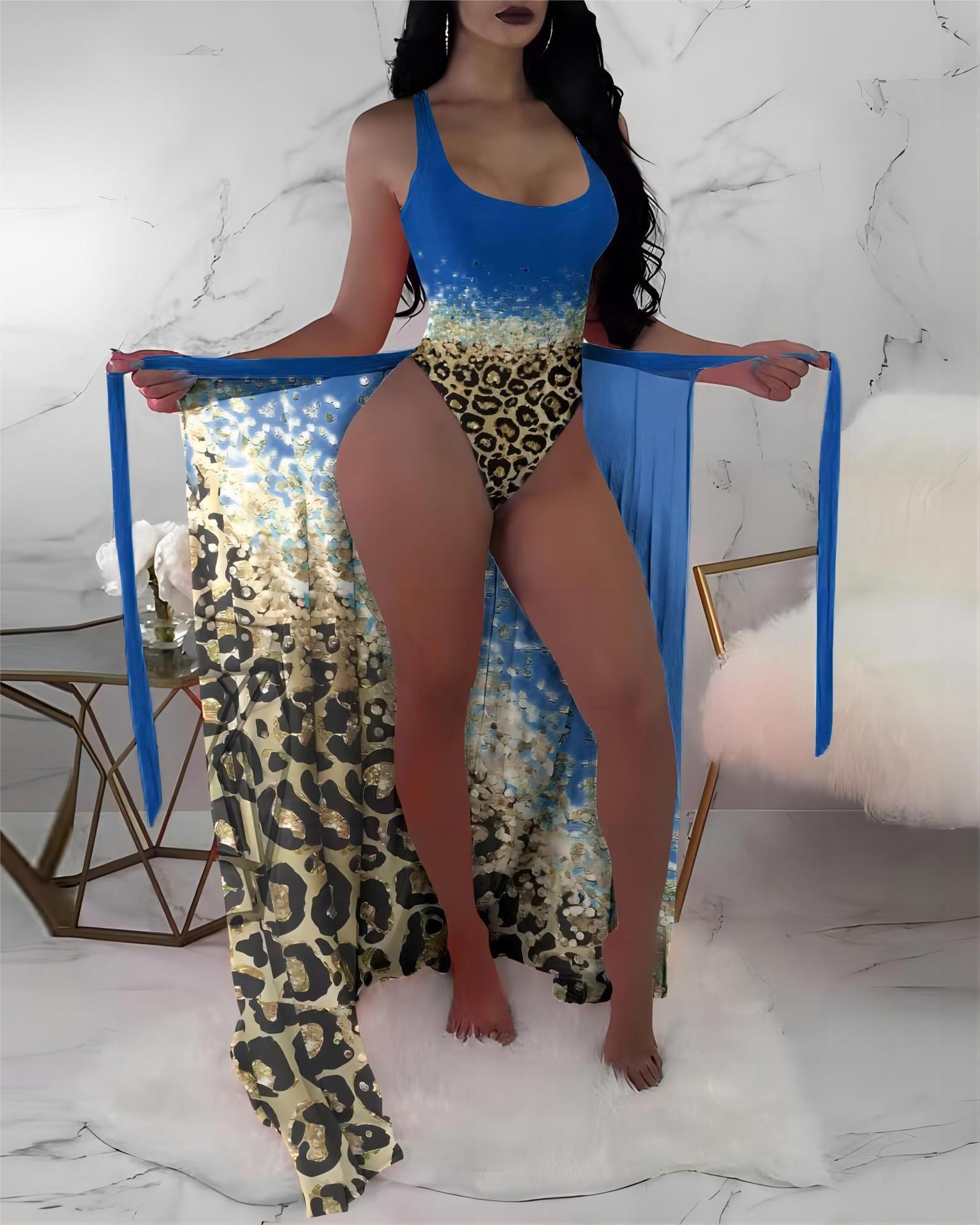 2025 new printed one-piece swimsuit designer women's two-piece set customized leopard print chiffon Tenglong trendy beach swimsuit