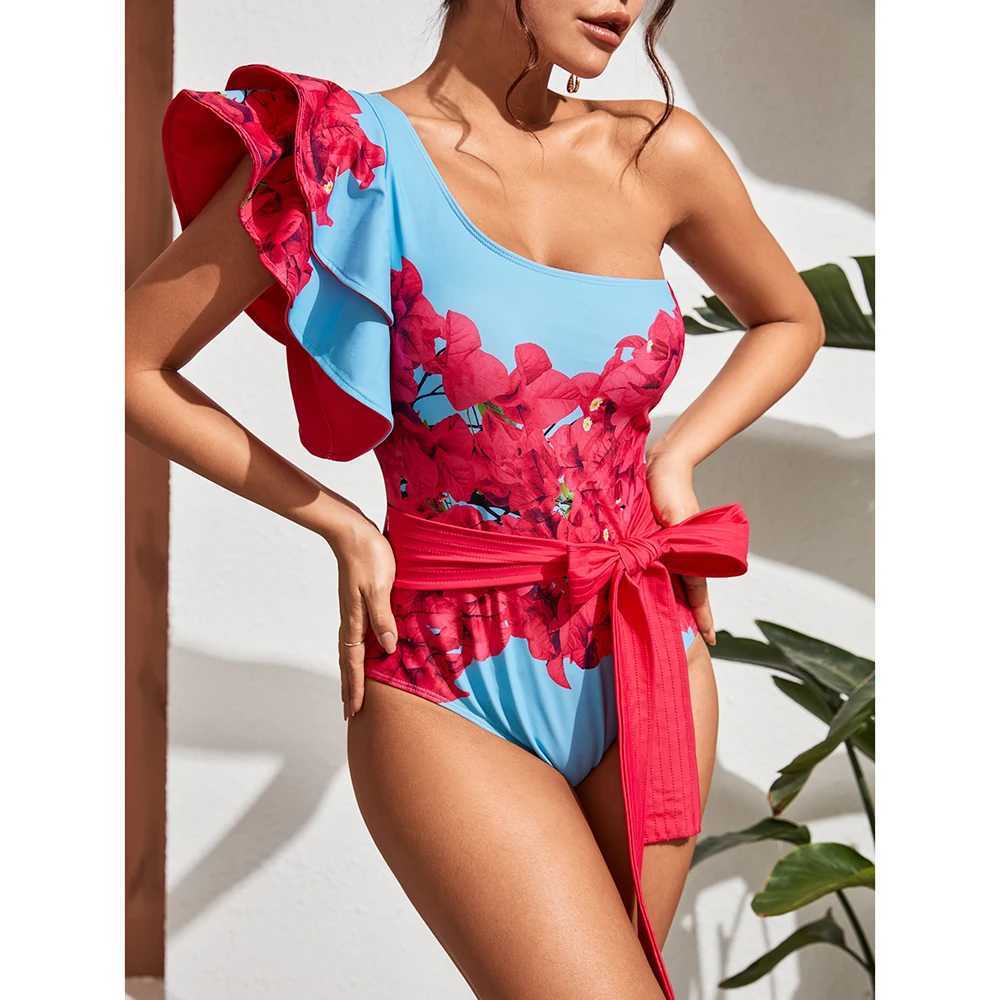 Ashgaily 2024 Ruff One Piece Swimsuit Women Swimwear with Belt Push Up Monokini Swim Suit Print Bathing Suit BeachwearXJ240108