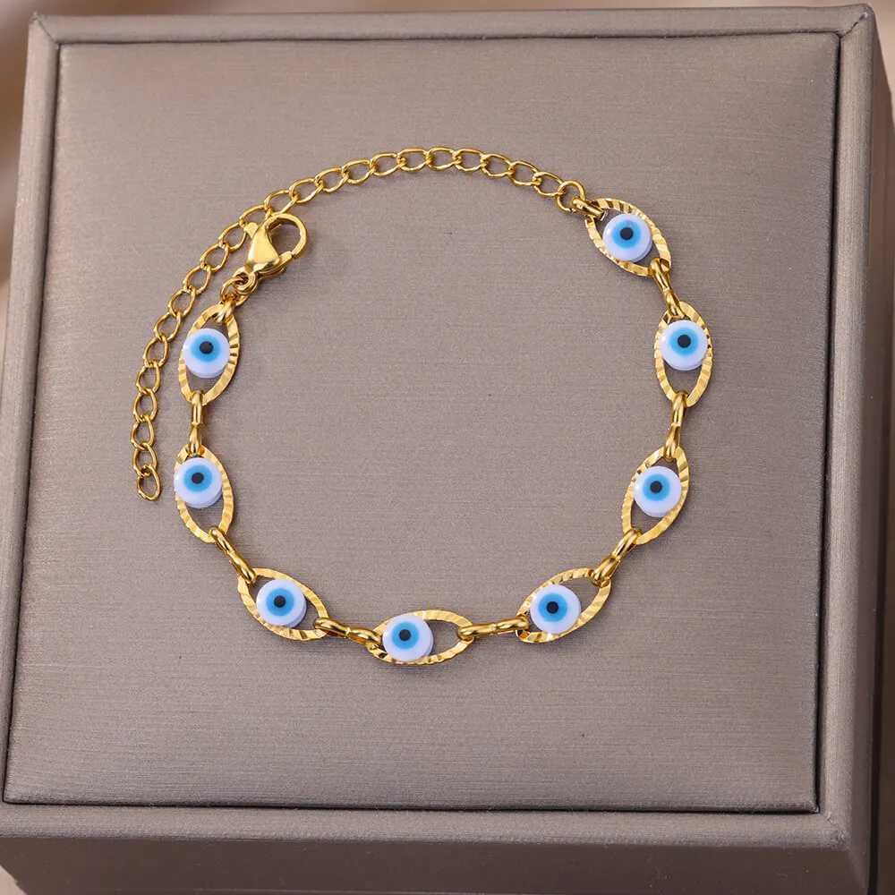 Gothic Rainbow Evil Eye Bracelets For Women Stainl Steel Gold Color Turkish Demon Chain Charm Bracelet Summer Beach JewelryXJ250109