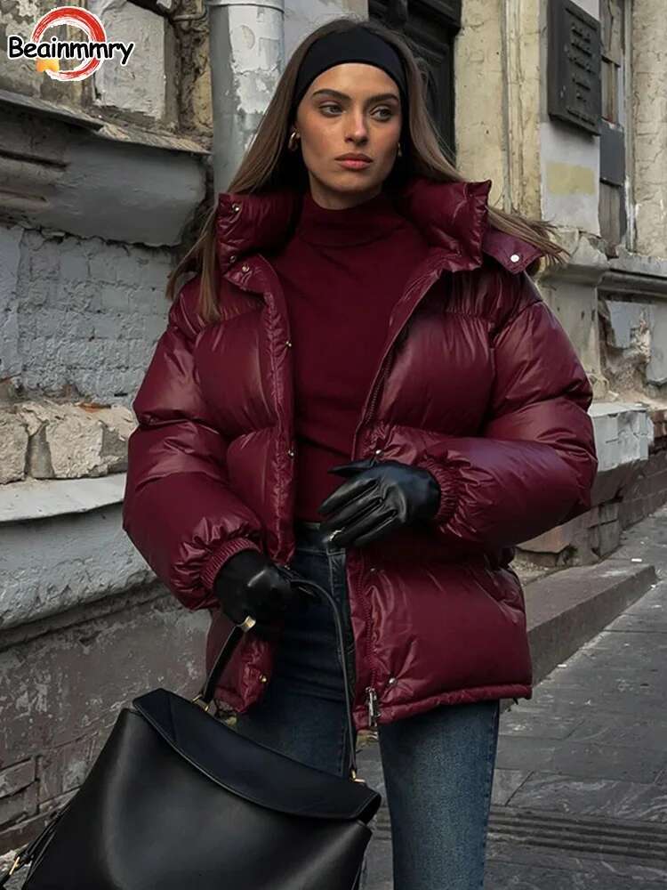 2024 Women Bury Hooded Thicken Cotton Jacket Solid Stand Collar Long Sleeve Female Short Coat Winter Commute Overcoat