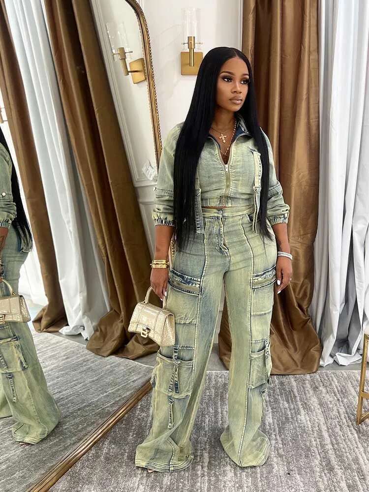 2 Piece Set For Women Winter Long Sleeve Jacket And Jeans Streetwear Sexy Stretchy Denim Pant Sets Wholesale Dropshipping