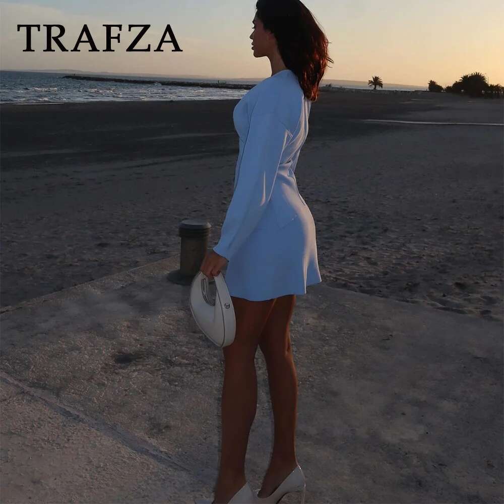 TRAFZA 2025 Spring Summer Sexy Solid Knitted Women Suits Fashion Nightclub V Neck Single Breasted Shirts+Chic Mini Pencil Skirts