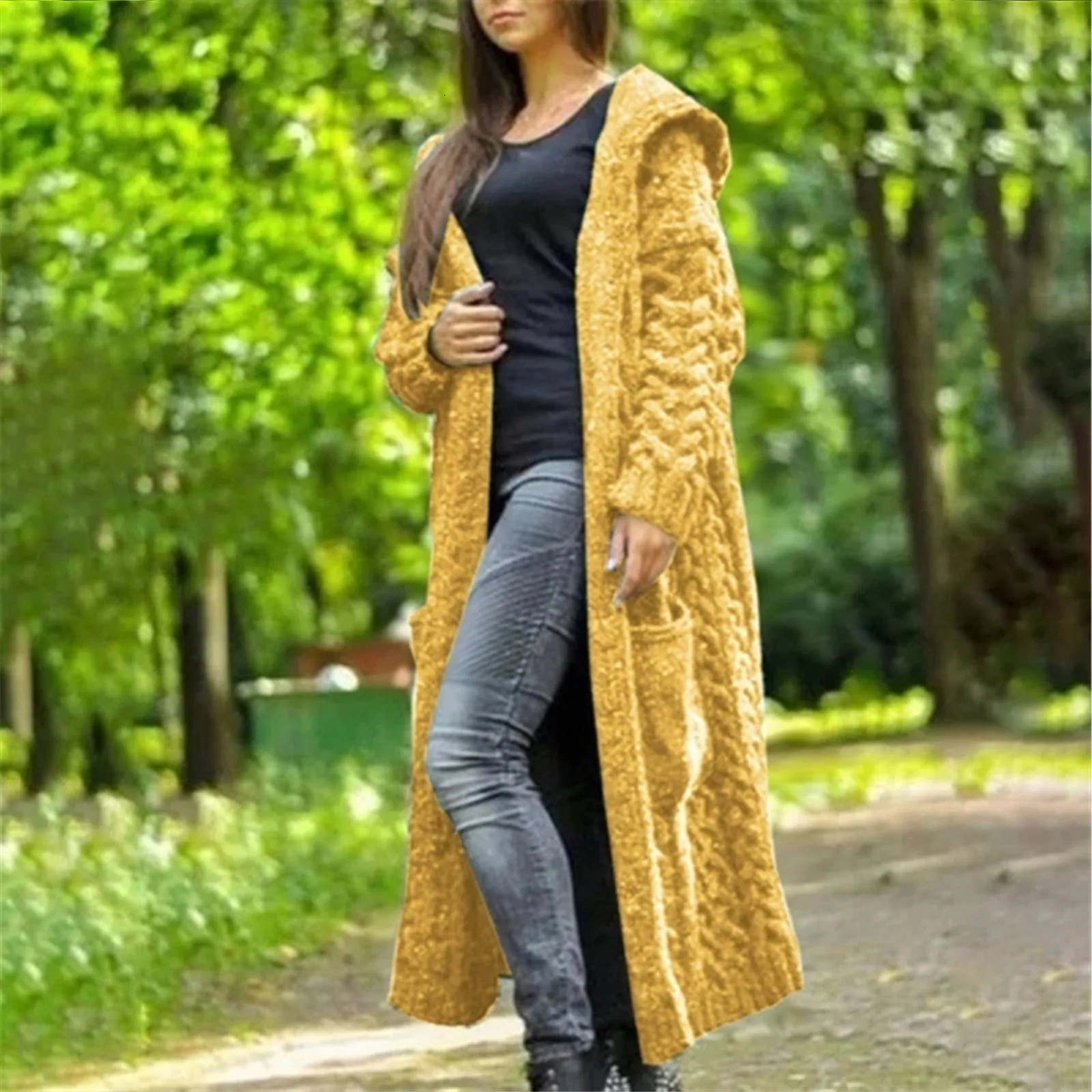 Long Sleeve Loose Cardigan Coat Solid Sweater Winter Long Knitted Pocket Loose Women Cardigan Hooded Limited Sweater Women 250106